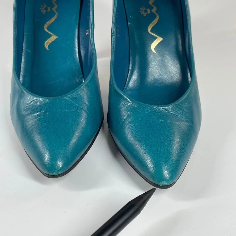 Vintage Nina Turquoise Blue Leather 80s High Heel Pumps Size 6-6.5 Halloween